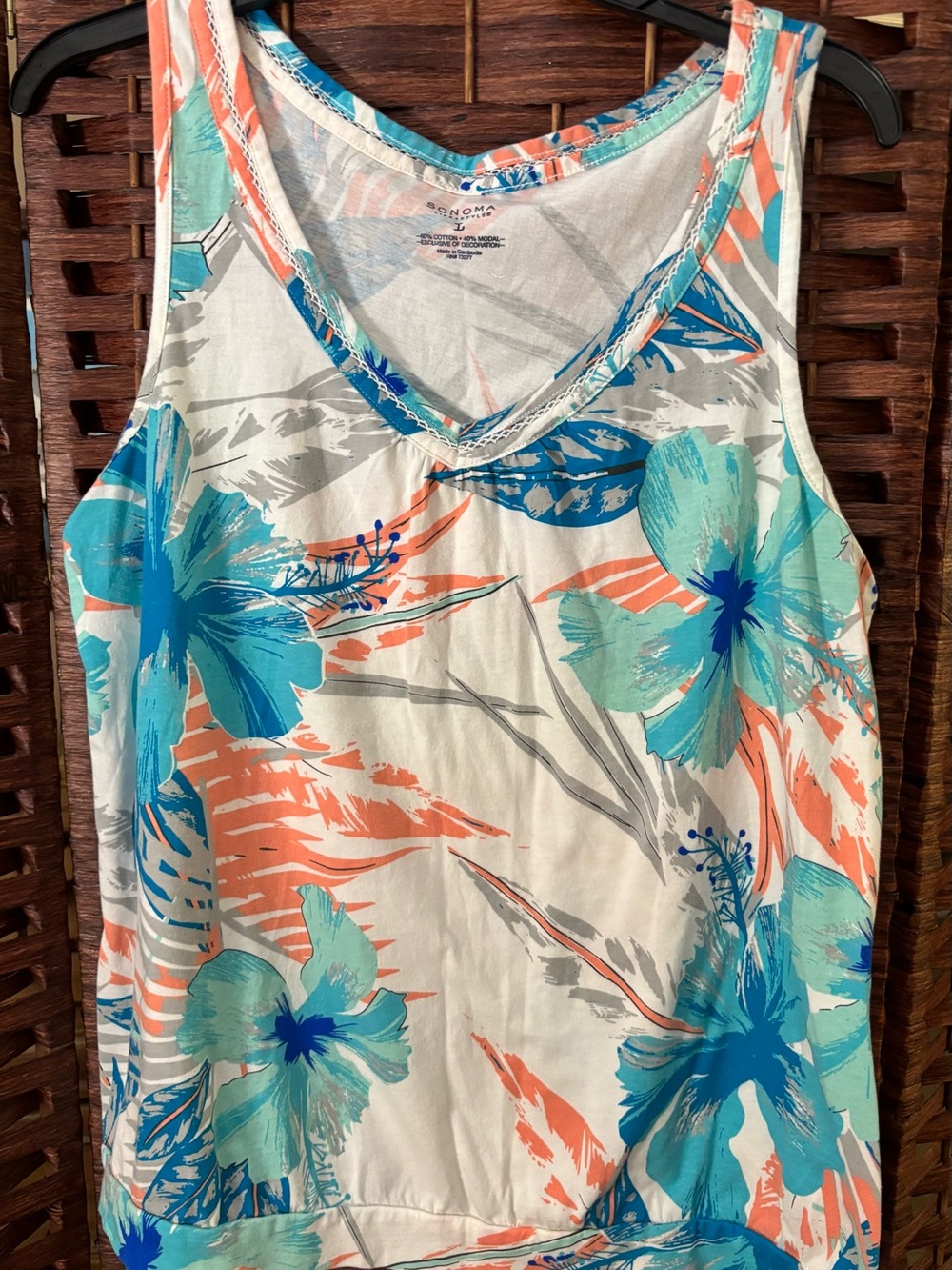 Sonoma Tropical Floral Tank Top in Teal, Coral & White